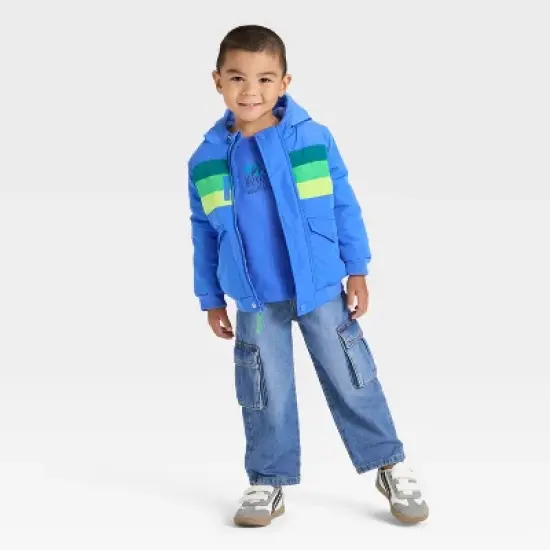 Toddler Boys' Colorblock Striped Heavyweight Puffer Jacket - Cat & Jack&trade; Blue image {2}
