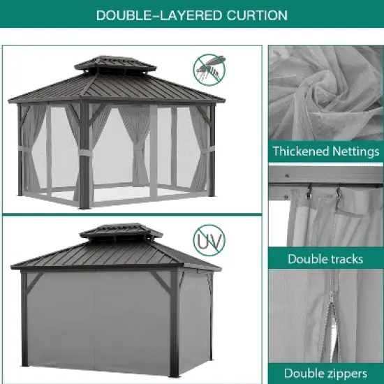 Garvee 10'x10' Outdoor Gazebo, Hardtop Double Roof Canopy with Netting and Curtains, Gazebo Galvanized Iron Aluminum Frame Garden Tent(Gray) image {5}