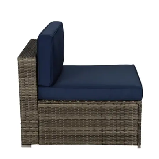 3pc Outdoor Rattan Wicker Conversation Set with Accent Table & Sectional - Brown/Blue - GODEER image {5}