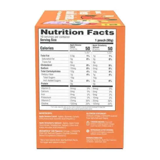 Brainiac Kids Brain Squeezers Applesauce Pouches Fruit and Veggie Variety Pack Apple Banana Carrot & Apple Strawberry Spinach - 3.2oz/10ct image {2}