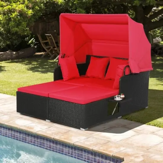 Tangkula Patio Hand-Woven PE Wicker Daybed Outdoor Loveseat Sofa Set w/ Red Cushions image {10}