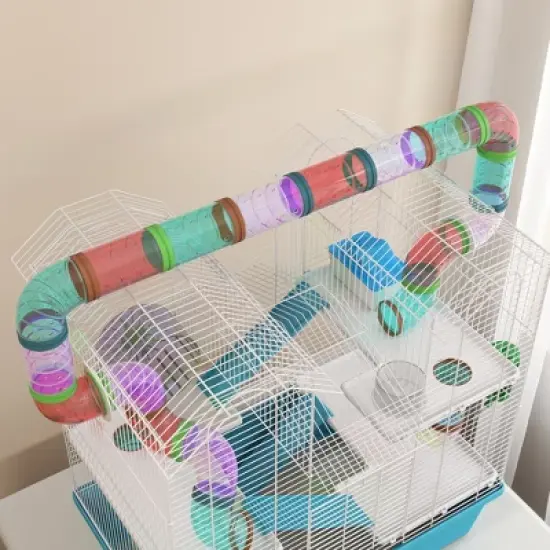 PawHut Large Hamster Cage, 4 Tier Gebril Cage with Tubes, Exercise Wheel, Hut, Water Bottle, Food Dish, Ramps, 22.8" x 14.2" x 25.6", Light Blue image {5}