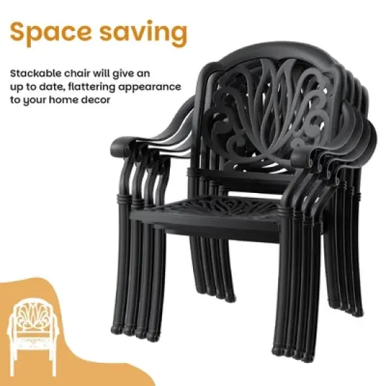 5-Piece Cast Aluminum Outdoor Dining Set with Brown Cushions, Round Table & Stackable Chairs - for Patio, Backyard image {7}