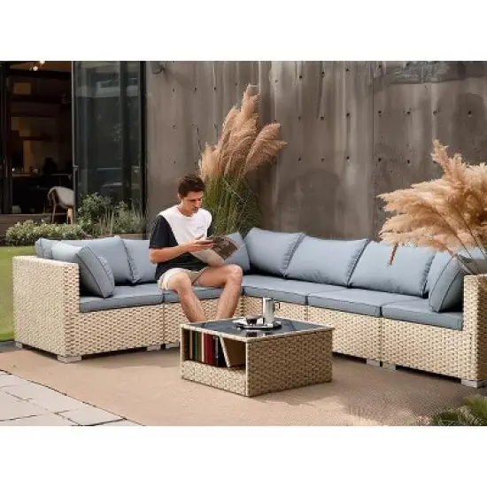 Gulches Grey 7-Piece Patio Furniture Set All-Weather Boho Outdoor Conversation Set Sectional Sofa with Water Resistant Thick Cushions image {1}