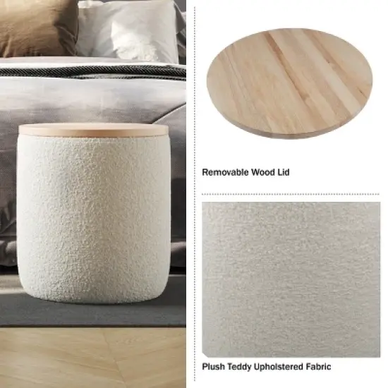 Lavish Home Storage Ottoman with Wood Top, Cream image {2}