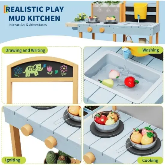 Mud Kitchen for Kids Outdoor - Cooking Set with Sink & Faucet, 7-Piece Stainless Steel Utensils, Chalkboard - Montessori Sensory Toys for Ages 3+ image {4}