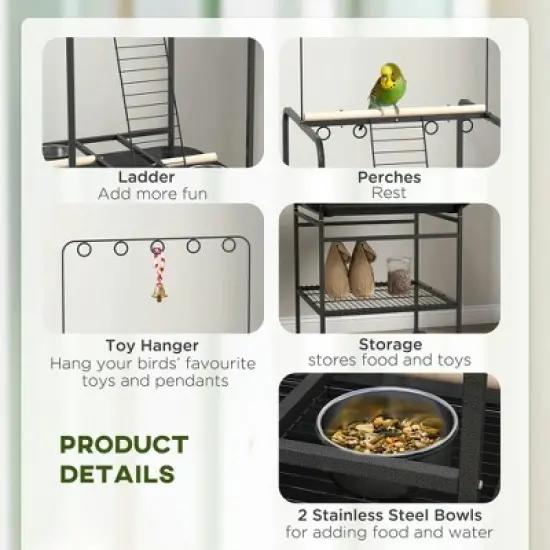 Resenkos Bird Stand with Wheels, Perches, Stainless Steel Feed Bowls, Pull-Out Tray, Dark Gray image {8}