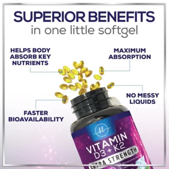 Vitamin D3 5000 IU with K2 100mcg - Complex Softgels Bone Teeth & Immune Support - 240 Softgels;120 Softgels image {7}