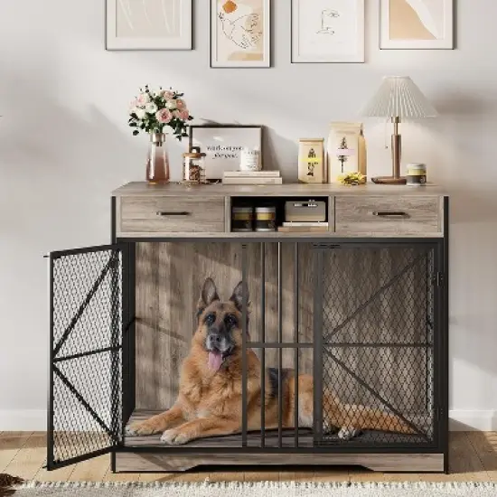 Acekool 44" Dog Crate Furniture with Drawers, Double Doors, Open Compartment, Heavy Duty Indoor Dog House End Table, Brown & Black image {7}