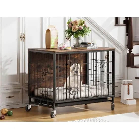 Acekool 32.5" Rustic Dog Crate & Side Table - Wood Kennel with Wheels for Medium/Large Dogs (138 characters) image {11}