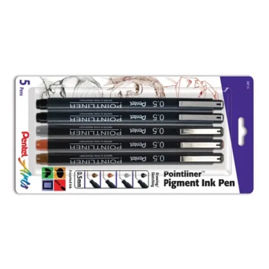 Pentel Arts Pointliner Pen, 0.5mm Tip, Assorted Ink Colors, 5-Pack image {1}