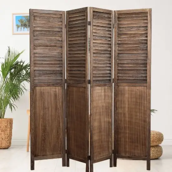 Rancho Shutter 4 Panel Room Divider with Folding Screen Room Partition Paulownia Wood Brown - Proman Products image {2}
