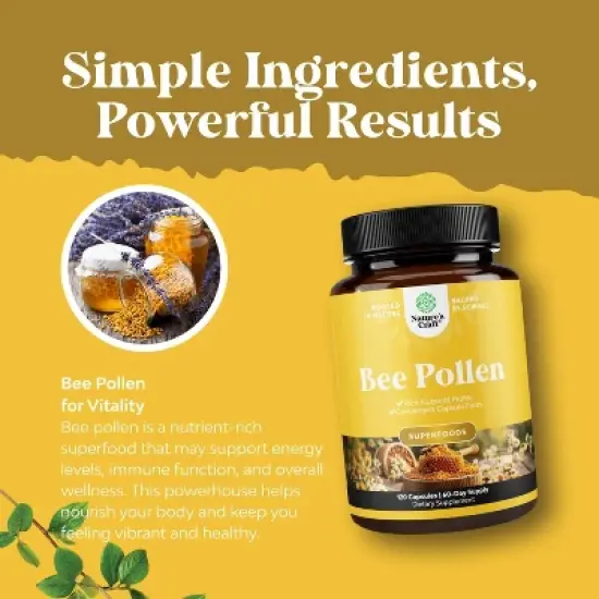 Bee Pollen Supplement 1000mg, Pure Bee Pollen Capsules, Immune System & Allergy Support, Natural B-Vitamins Minerals & Enzymes, Nature's Craft, 120ct image {3}