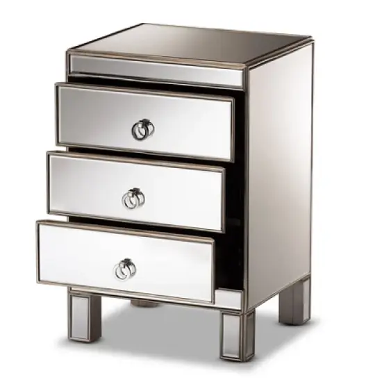 Ewan Mirrored 3 Drawer Nightstand Silver - Baxton Studio image {1}