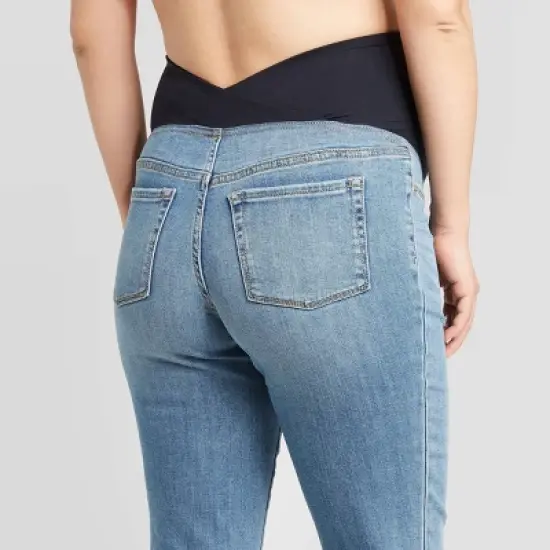 Over Belly Distressed Straight Maternity Jeans - Isabel Maternity by Ingrid & Isabel&trade; Blue image {4}