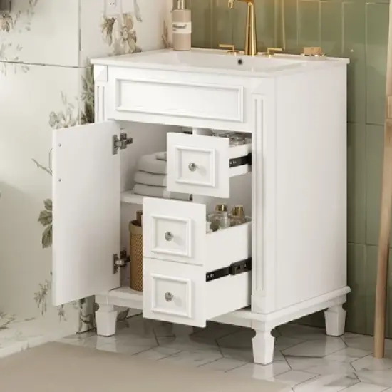 LOVSON 24'' Modern Bathroom Vanity with Ceramic Sink, 2 Drawers, Compact Bathroom Cabinet, White image {6}