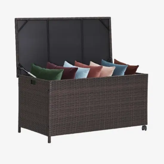 Tangkula Outdoor 50 Gallon Wicker Storage Box PE Rattan Storage Container with Lid Deck&Waterproof Liner Mix Brown image {9}