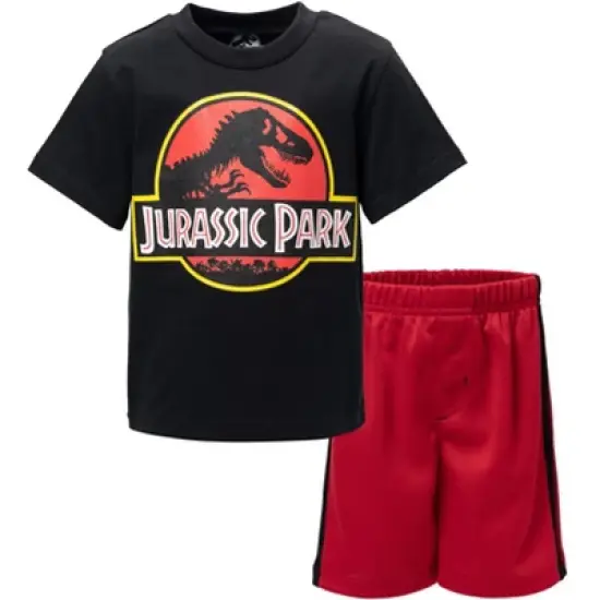 Jurassic Park Athletic Graphic T-Shirt Mesh Shorts Outfit Set Logo Black / Red  image {8}