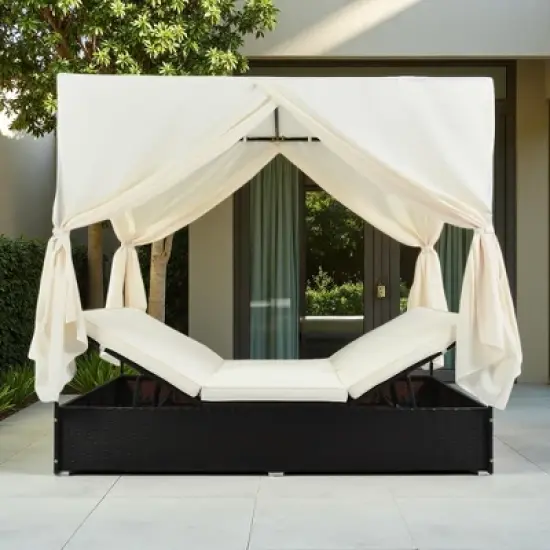 Outdoor Patio Rattan Canopy Daybed Sunbed with Curtain and Adjustable Seat image {6}