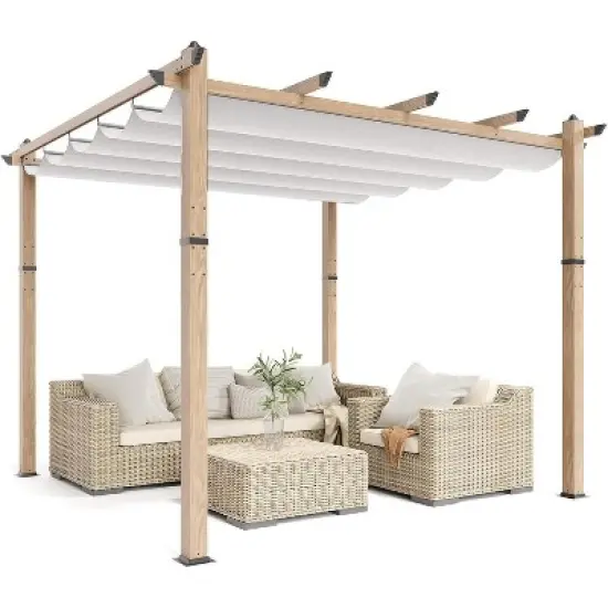 Retractable Aluminum Pergola &ndash; 10x10/10x13 Ft Wood-Grain Design, Adjustable Sunshade & Rust-Proof Frame for Patio/Backyard/Garden image {8}