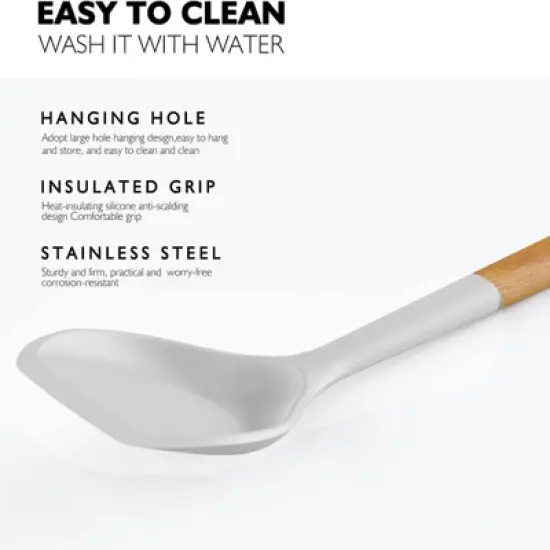 BRINJOY White Heat Resistant Silicone Cooking Kitchen Utensils with Wooden Handles, Spatula Set, BPA Free image {4}