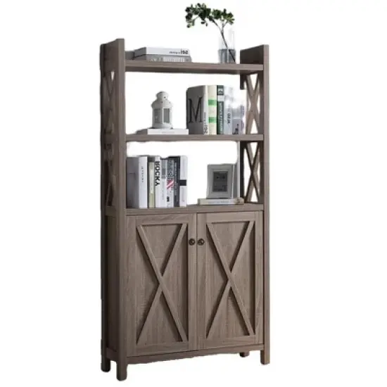 FC Design Wooden Display Bookshelf with Three Top Shelves and Storage Cabinet with Three Interior Shelves in Dark Taupe Finish image {3}