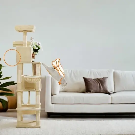 81.1 Inch Large Cat Tree Tower  with 13 Scratching Posts, 2 Perches, 2 Caves, Basket, Hammock, Pompoms - Multi-Level Plush Cat Condo for Indoor Cats image {2}