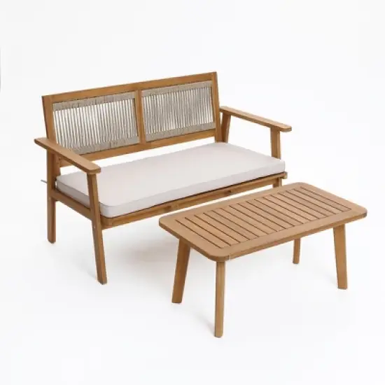 LuxenHome Outdoor Acacia Wood Rope Back Loveseat with Cushions and Coffee Table Set image {11}