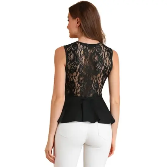 Allegra K Women's Floral Mesh Lace Panel Round Neck Sleeveless Peplum Blouses image {6}