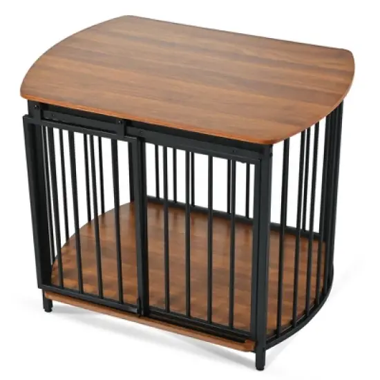 Medium Dog House Dog Crate Wooden Cage Indoor Kennel Furniture Dog Shelter End Table with Double-Doors, Brown/Gray+Black-ModernLuxe image {7}