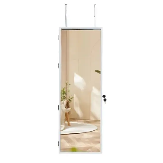 VECELO Mirrored Jewelry Cabinet Wall, Door Mounted Jewelry Organizer with LED Lights and Lockable Full Length Mirror, White image {1}