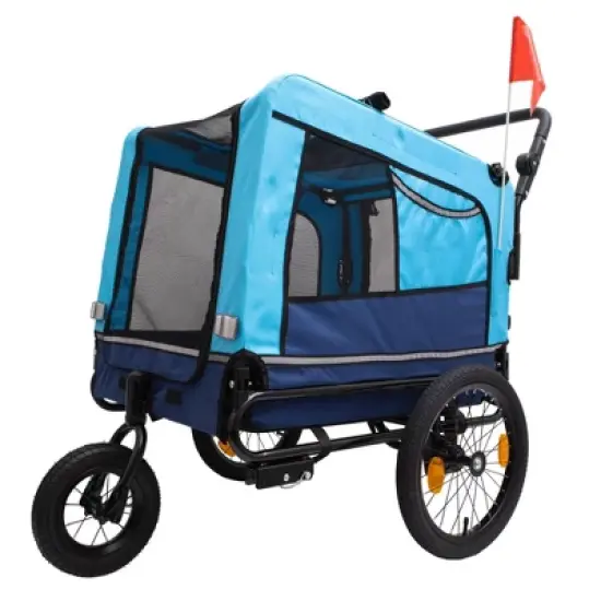 2-in-1 Bike Trailer & Push Cart for Pets - Detachable Bike Hitch & Push Handle Included - Holds Pets Up to 88 lbs, Blue image {6}