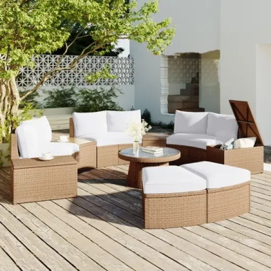 FIONECA 10-Piece White Outdoor Sectional Half Round Patio Rattan Sofa Set, All-Weather PE Wicker Conversation Furniture with Cushions image {16}