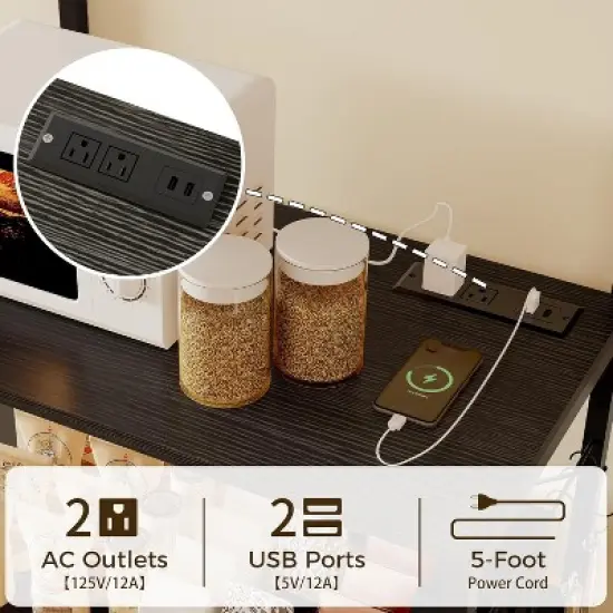 Kitchen Bakers Rack with Power Outlet, Microwave Stand, 4 Tiers Coffee Bar Station, Kitchen Storage Shelf w/Hooks, Rack for Spices, Pots Pans image {3}