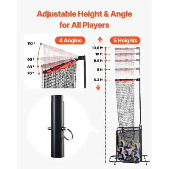 VEVOR Volleyball Setter Training Equipment, Angle and Height Adjustable Volleyball Trainer, Portable Practice Net, Red&Black image {6}