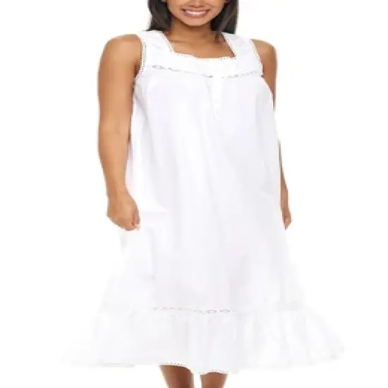 Women's Cotton Victorian Nightgown, Phoebe Sleeveless Lace Trimmed Button Up Long Vintage Night Dress Gown image {6}