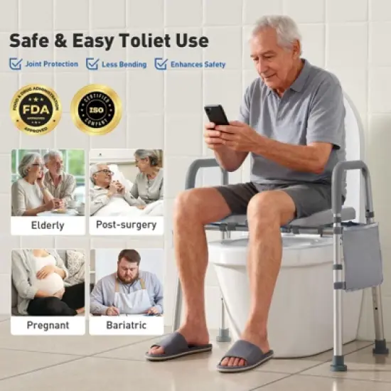WHLICKS Raised Toilet Seat with Handles &ndash; Adjustable Width Elevated Seat, Cozy Padded Toilet Seat Risers for Seniors, Handicap & Disabled, Gray image {2}