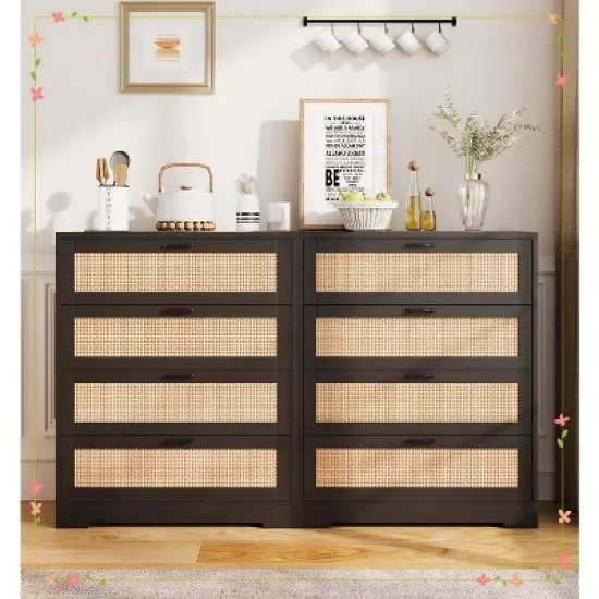 4 Drawer Dresser for Bedroom, Rattan Chest of Dressers, Modern Wood Tall Dresser with Power Outlets image {8}