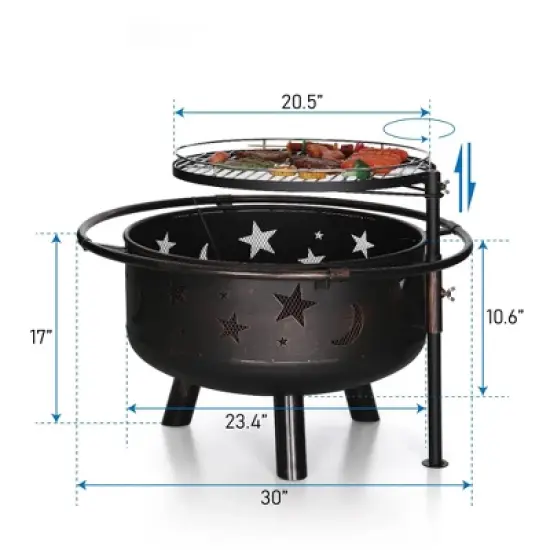 Captiva Designs 30" Star & Moon Bonfire Wood Burning Round Fire Pit E02GS051 Black: Outdoor Heating, Mesh Screen, Fire Poker image {5}