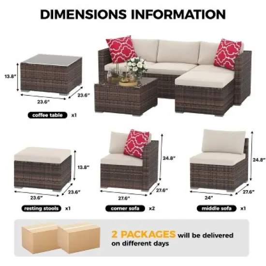 5 Pieces Patio Furniture Set, Rattan Outdoor Patio Furniture Sofa Set with Anti-Slip Cushions, All-Weather Wicker Sectional Sofa with Coffee Table image {4}
