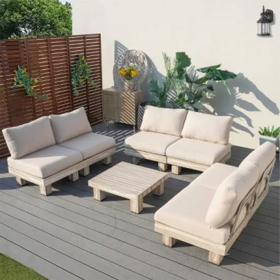 Moda Furnishings 6-Person Outdoor Patio Aluminum Wood Grain Sectional Seating Group With Beige Cushions image {10}
