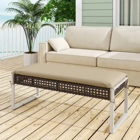 Costway Set of 2 Outdoor Ottoman Bench Patio PE Rattan Footrest w/ Soft Cushion & Metal Frame image {4}