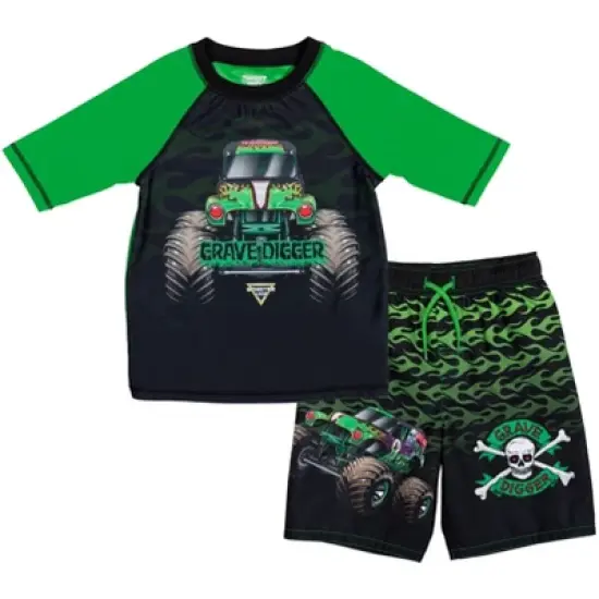 Monster Jam Maximum Destruction Megalodon El Toro Loco Grave Digger Rash Guard and Swim Trunks Outfit Set Toddler to Little Kid image {8}