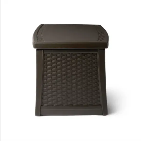 Suncast Outdoor Resin Wicker Coffee Table, Java & 73 Gal Resin Deck Box, Mocha image {3}