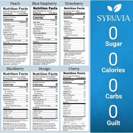 Syruvia Sugar Free Coffee Flavors Variety Pack: Peach, Blue Raspberry, Strawberry, Blackberry, Mango, Cherry 25.4 fl oz Syrup image {1}