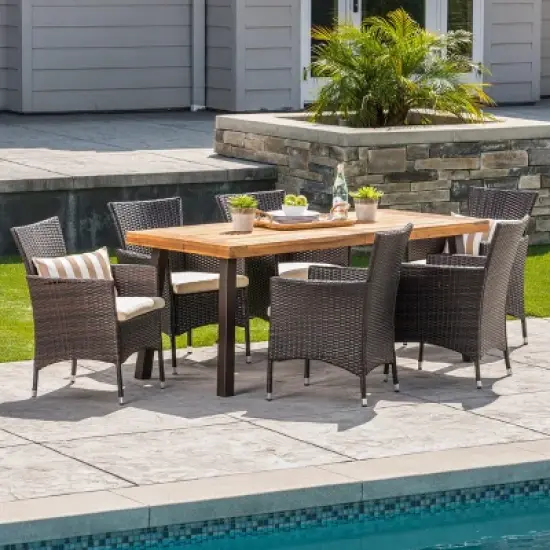 Christopher Knight Home Randy Outdoor Acacia Wood and Wicker 7 Piece Dining Set with Cushions, Teak/Multibrown image {9}