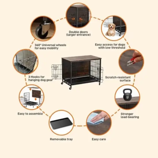 Whizmax Dog Crate Furniture, Wooden Dog Kennel with Removable Tray, Heavy-Duty Dog Cage End Side Table, Indoor Dog House for Large Dogs image {4}