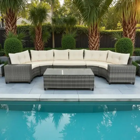 8-Piece Outdoor Patio Wicker Half-Moon Sectional Sofa Set with Rectangular Coffee Table image {16}