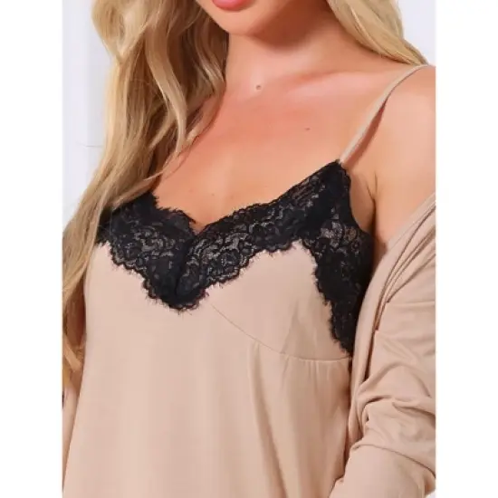 INSPIRE CHIC Women's Loungewear Lace Cami Spaghetti Strap Sleeveless Soft Pants Set with Pockets Cardigan 3 Piece Pajama Set image {4}