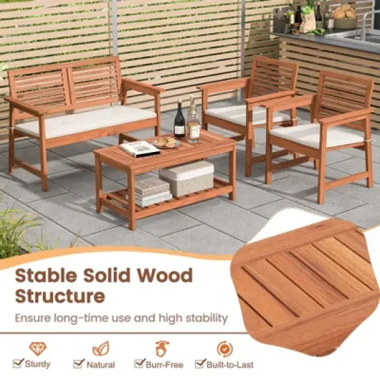 Costway 4 PCS Patio Conversation Set with Soft Seat Cushions 2-Tier Rectangle Coffee Table image {5}